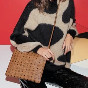 Black tan brown leather Visetos Original Pouch MCM logo handbag purse